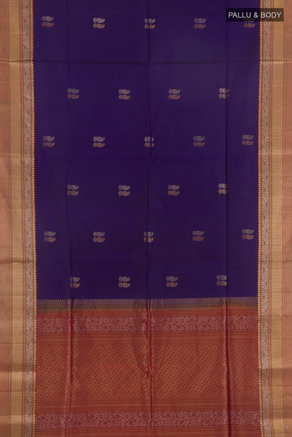 Flat view of Pure Silk Blue Soft Saree with Zari Butta on the body and Zari Border. 