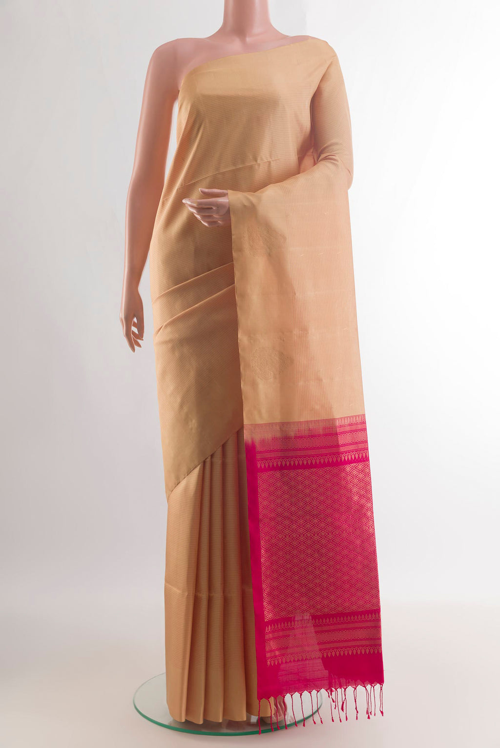 Pure Silk Sandal Soft Saree with Stripes on the body and Without Border.  displayed on a mannequin