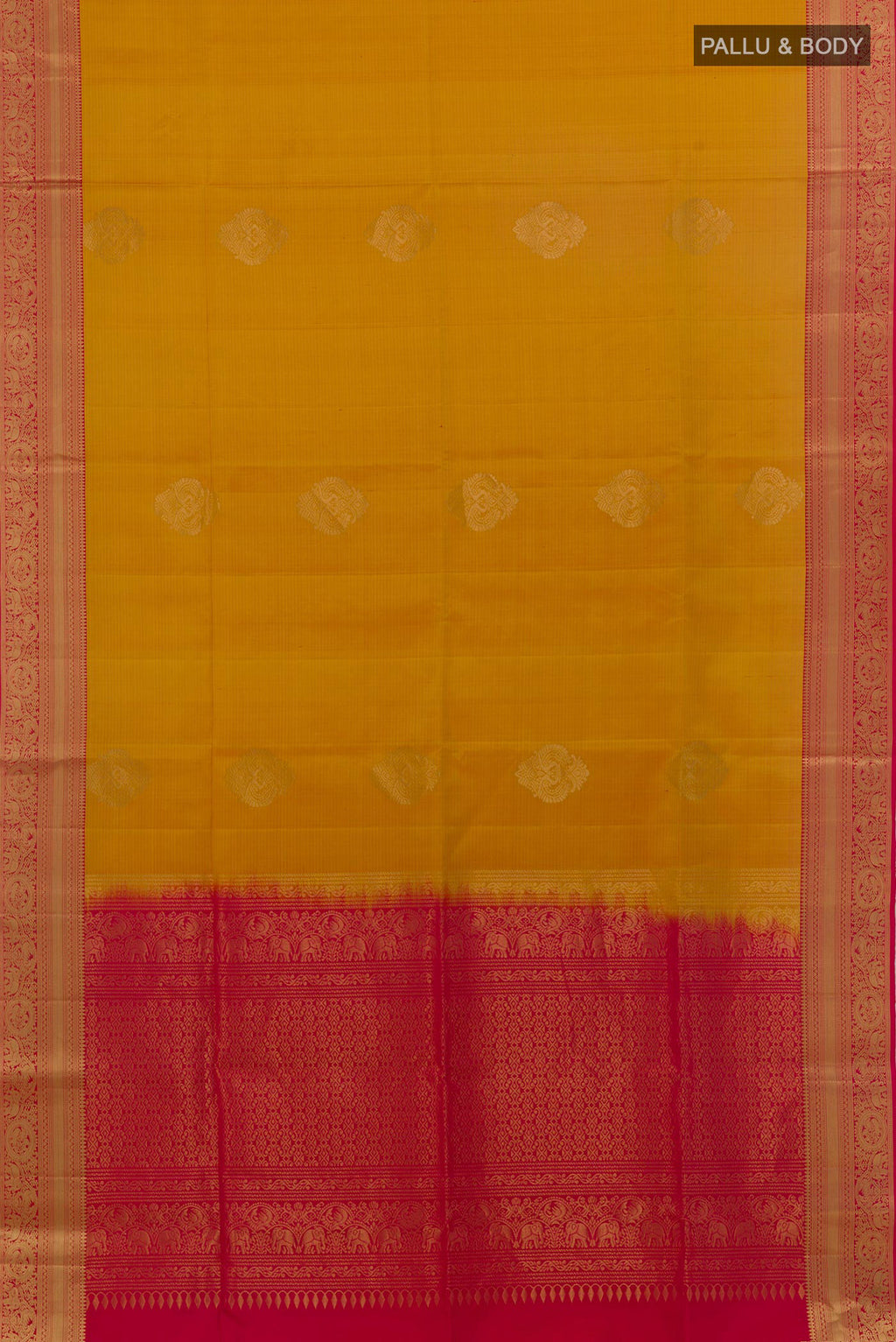 Flat view of Pure Silk Yellow Kanjivaram Saree with Zari Butta on the body and Zari Border. 