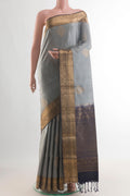 Pure Silk Grey Soft Saree with Zari Butta on the body and Zari Border.  displayed on a mannequin