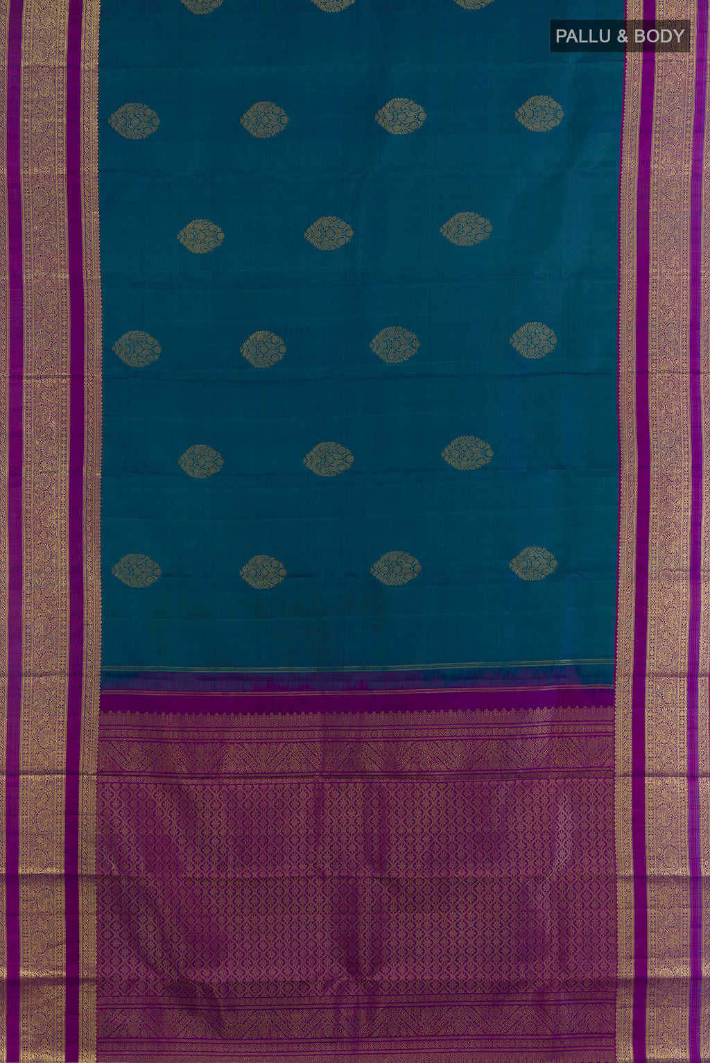 Flat view of Pure Silk Peacock Blue Kanchipuram Saree with Zari Butta on the body and Zari Border. 