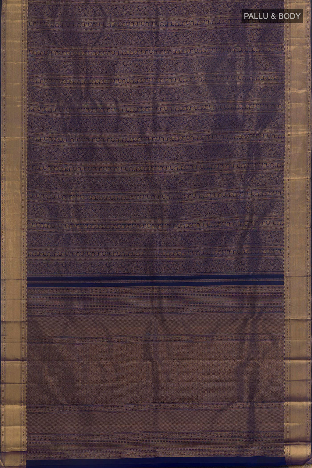 Flat view of Pure Silk Navy Blue Kanchipuram Saree with Zari Brocade on the body and Zari Border. 