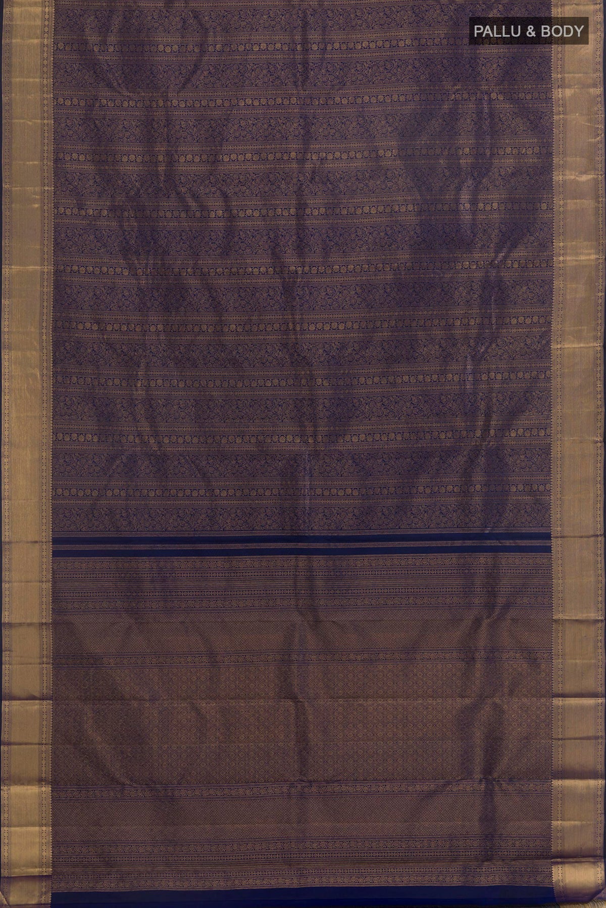 Flat view of Pure Silk Navy Blue Kanchipuram Saree with Zari Brocade on the body and Zari Border. 