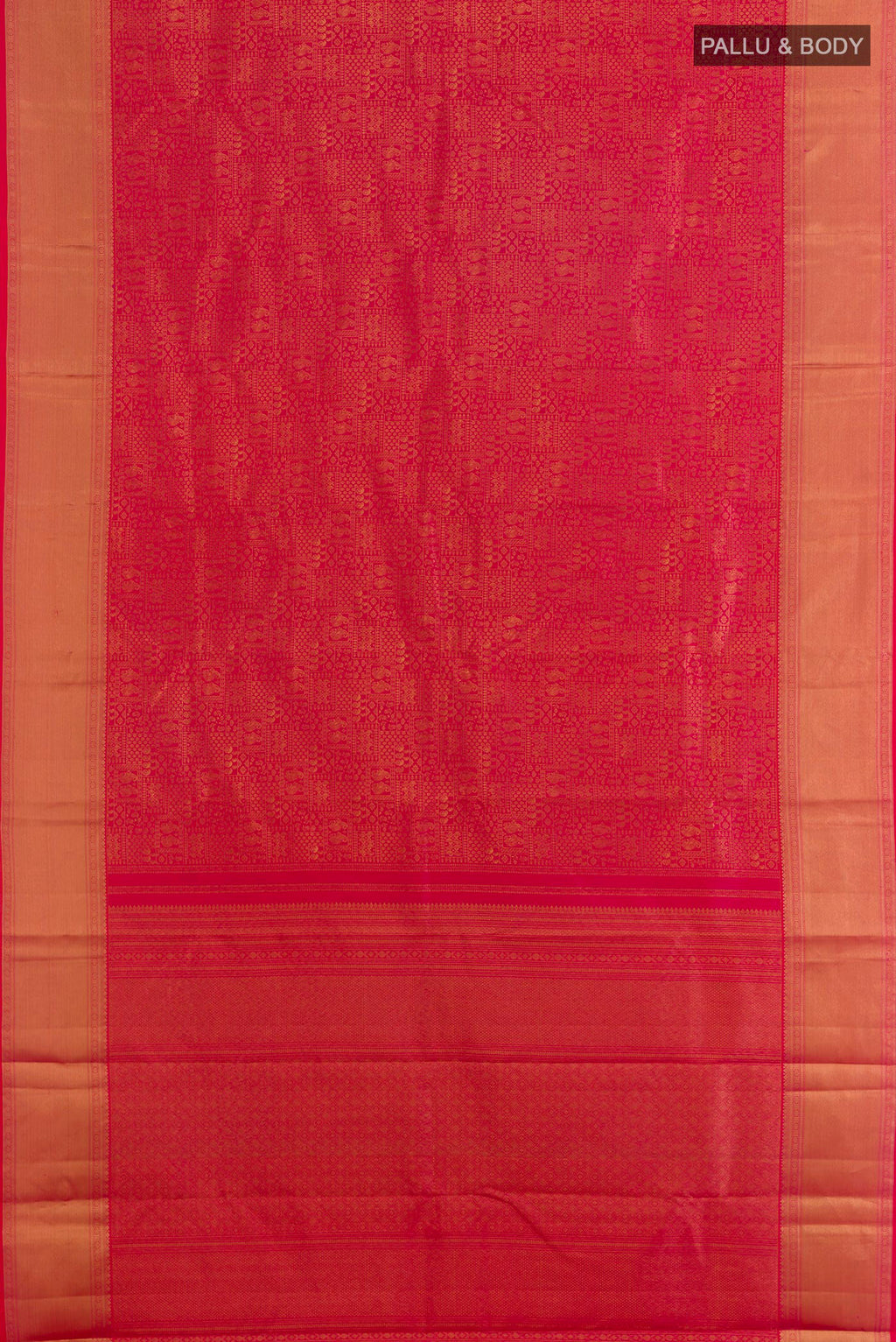 Flat view of Pure Silk Red Kanchipuram Saree with Zari Brocade on the body and Zari Border. 