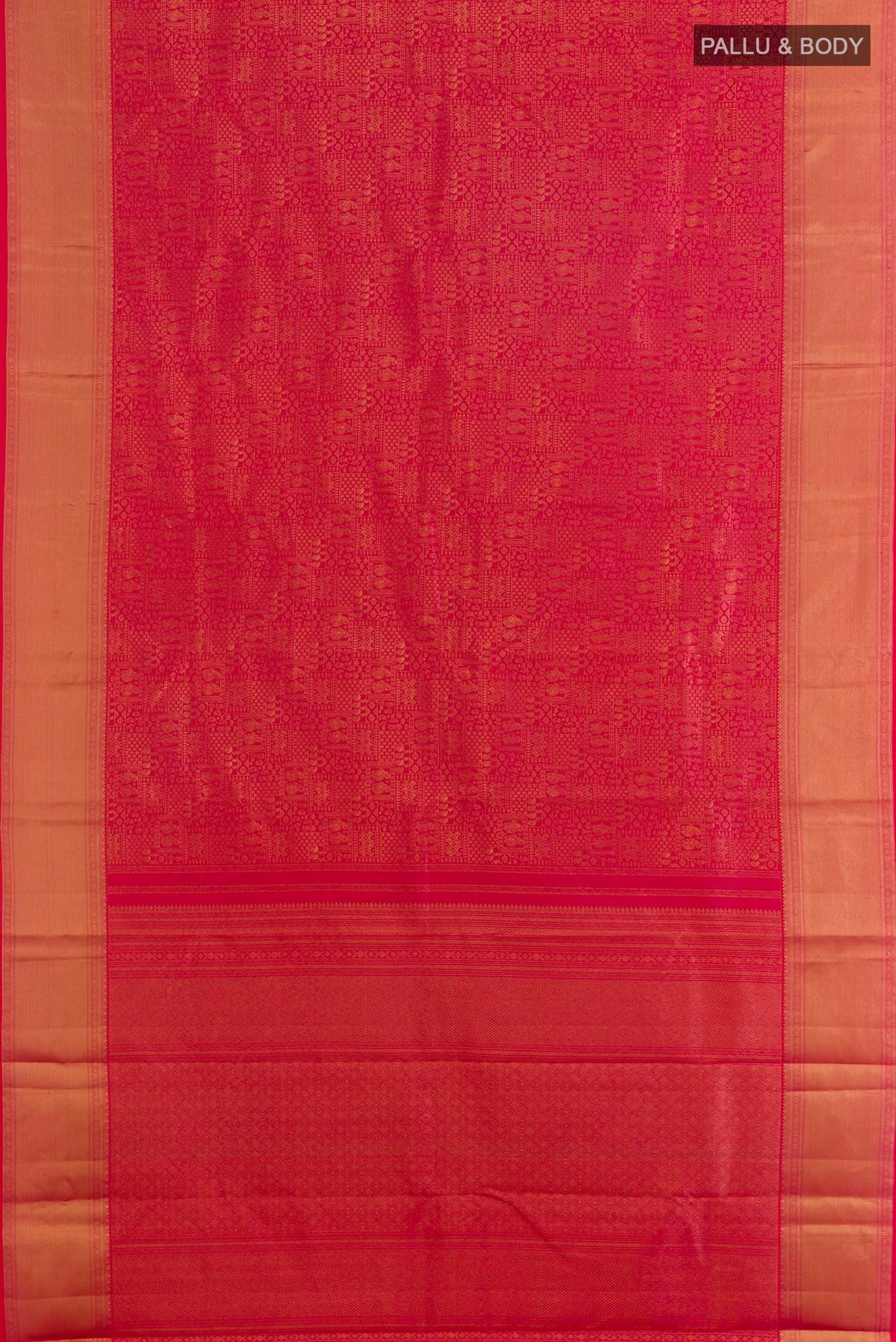 Flat view of Pure Silk Red Kanchipuram Saree with Zari Brocade on the body and Zari Border. 