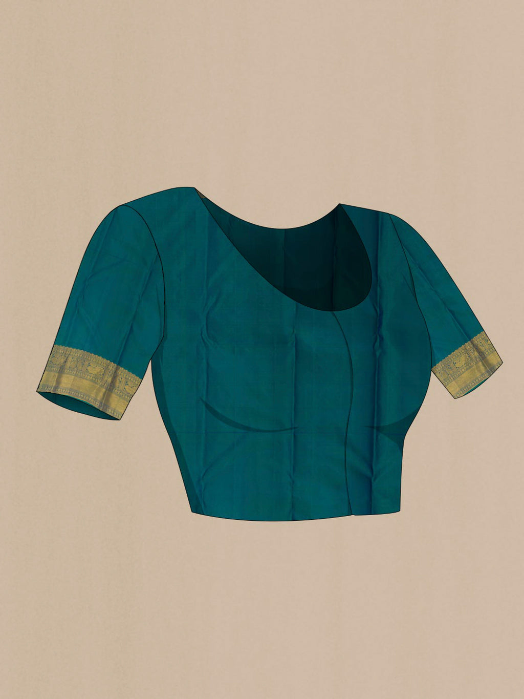 Close up image of the blouse of Pure Silk Peacock Blue Dual Tone Kanjivaram Saree with Zari Brocade on the body and Zari Border. 