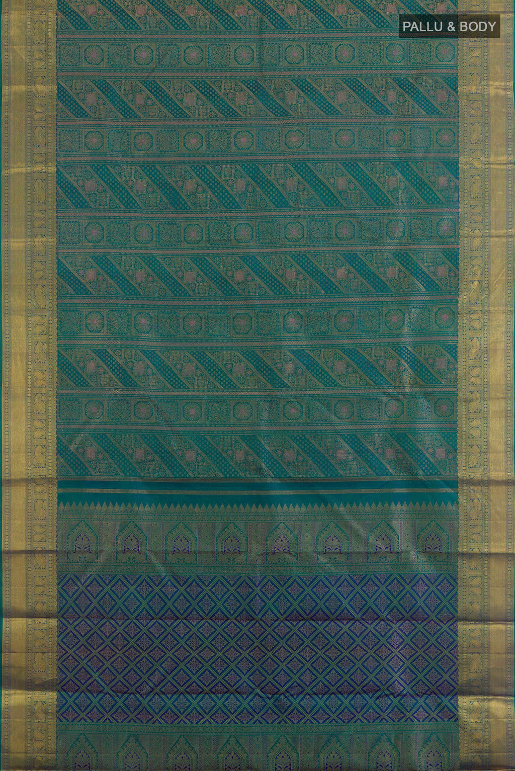 Flat view of Pure Silk Peacock Blue Dual Tone Kanjivaram Saree with Zari Brocade on the body and Zari Border. 
