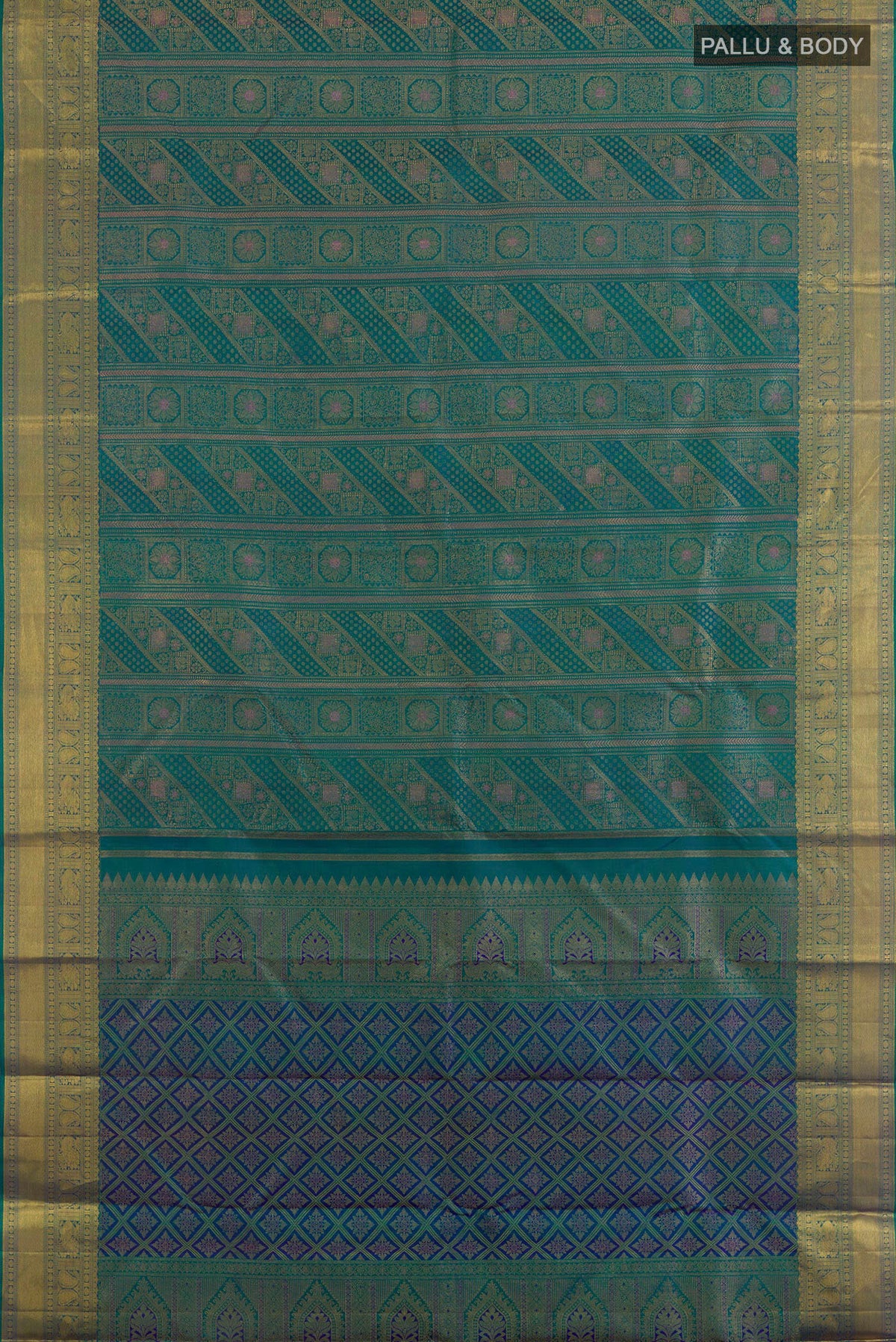 Flat view of Pure Silk Peacock Blue Dual Tone Kanjivaram Saree with Zari Brocade on the body and Zari Border. 