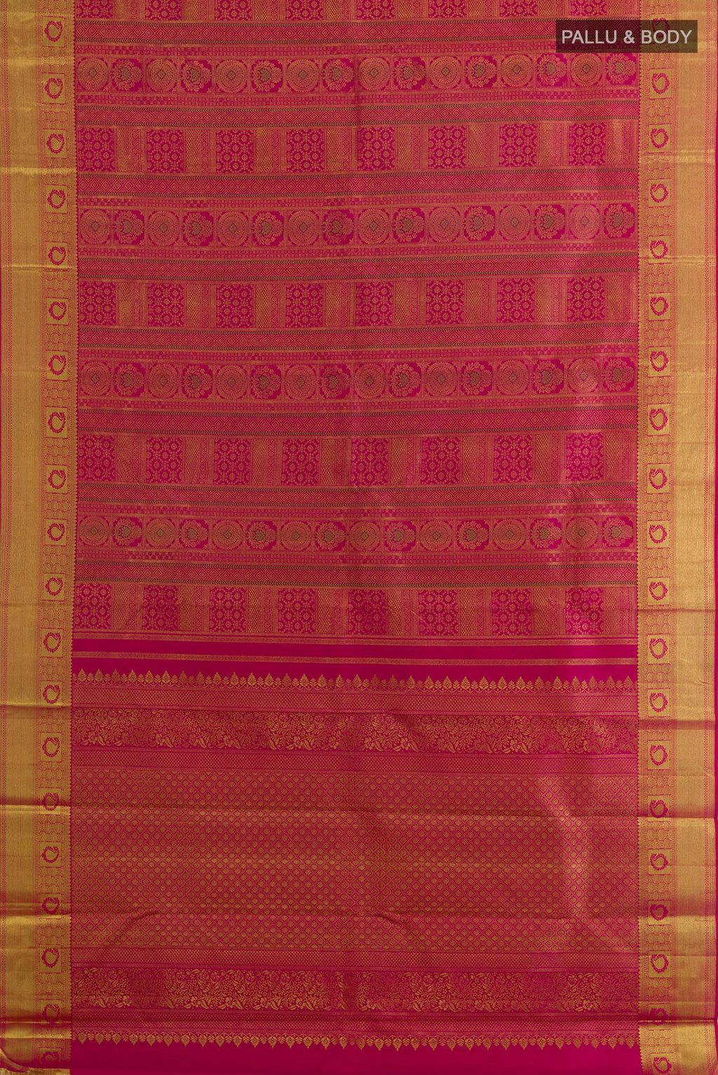 Flat view of Pure Silk Pink Kanjivaram Saree with Zari Brocade on the body and Zari Border. 
