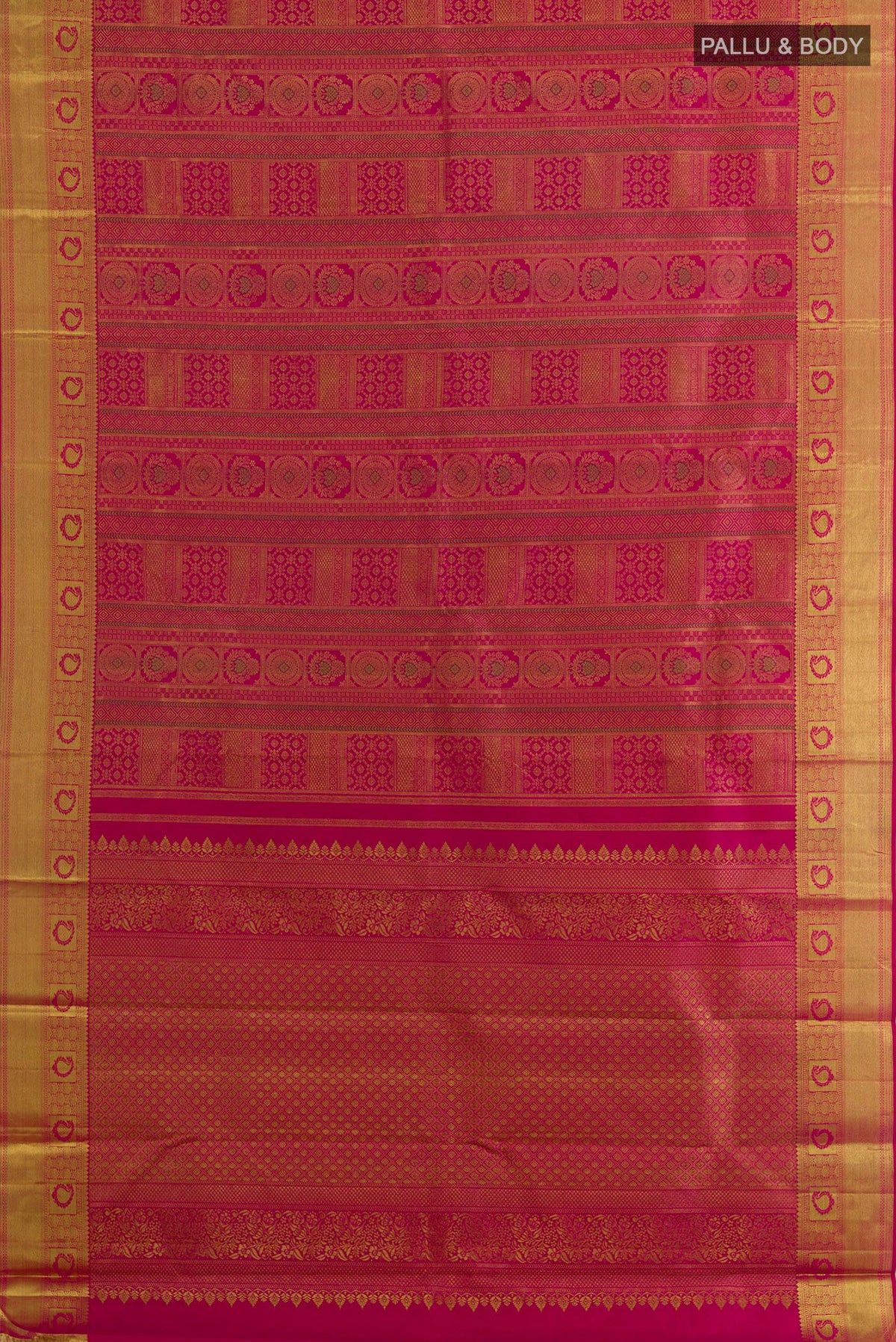 Flat view of Pure Silk Pink Kanjivaram Saree with Zari Brocade on the body and Zari Border. 
