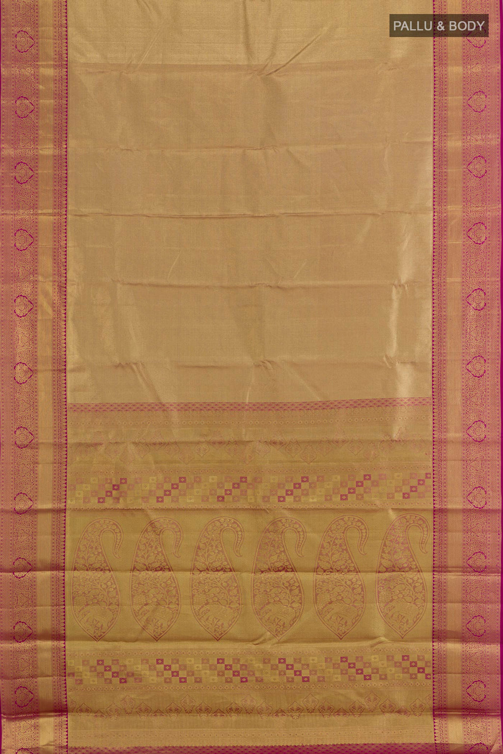 Flat view of Golden Kanchipuram Tissue Saree with Zari Brocade on the body and Zari Border. 