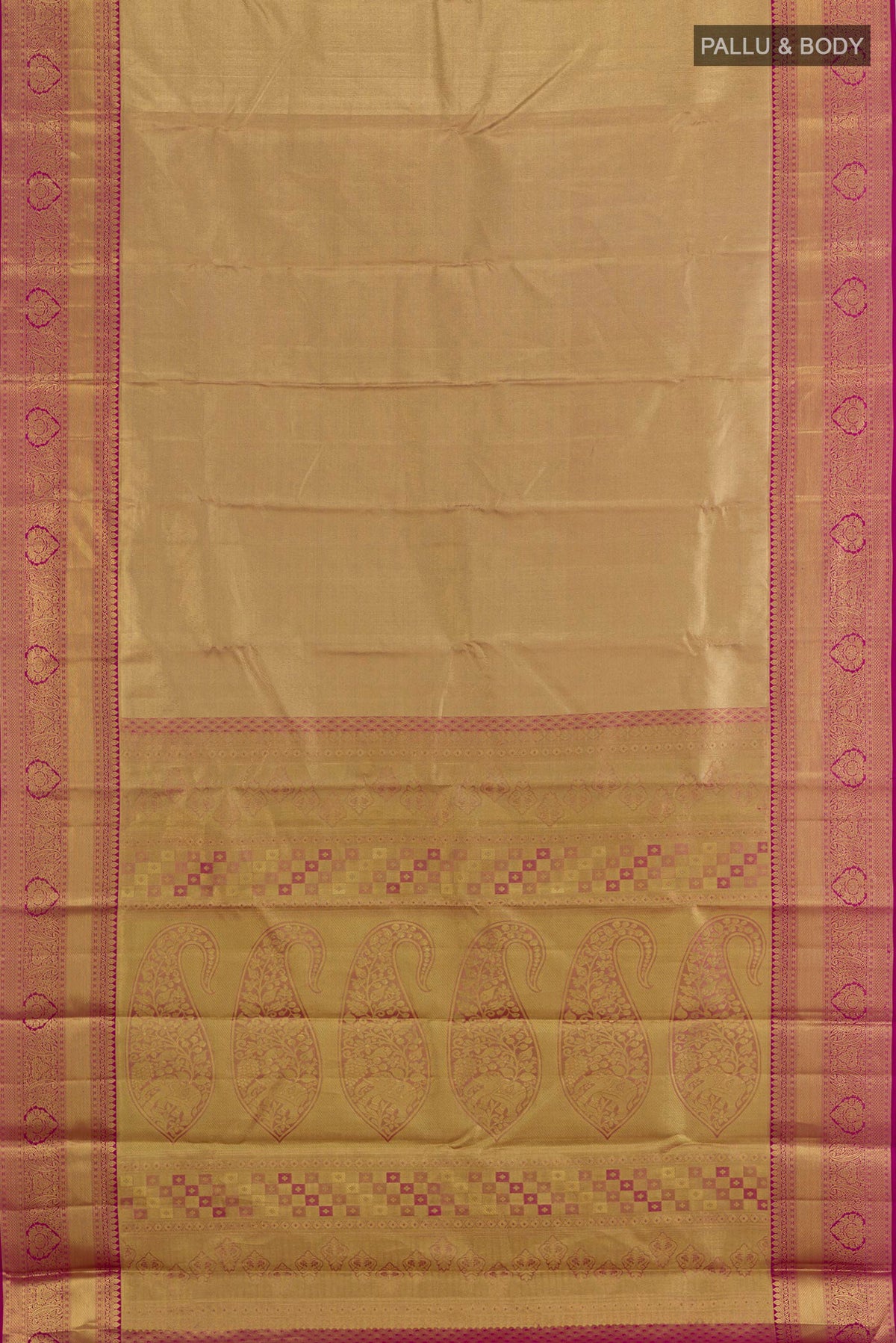 Flat view of Golden Kanchipuram Tissue Saree with Zari Brocade on the body and Zari Border. 