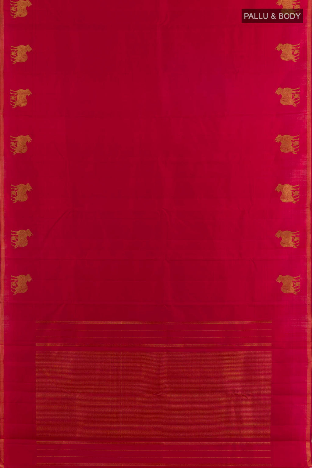 Flat view of Pure Silk Red Kanchipuram Saree with Plain Body and Zari Border. 