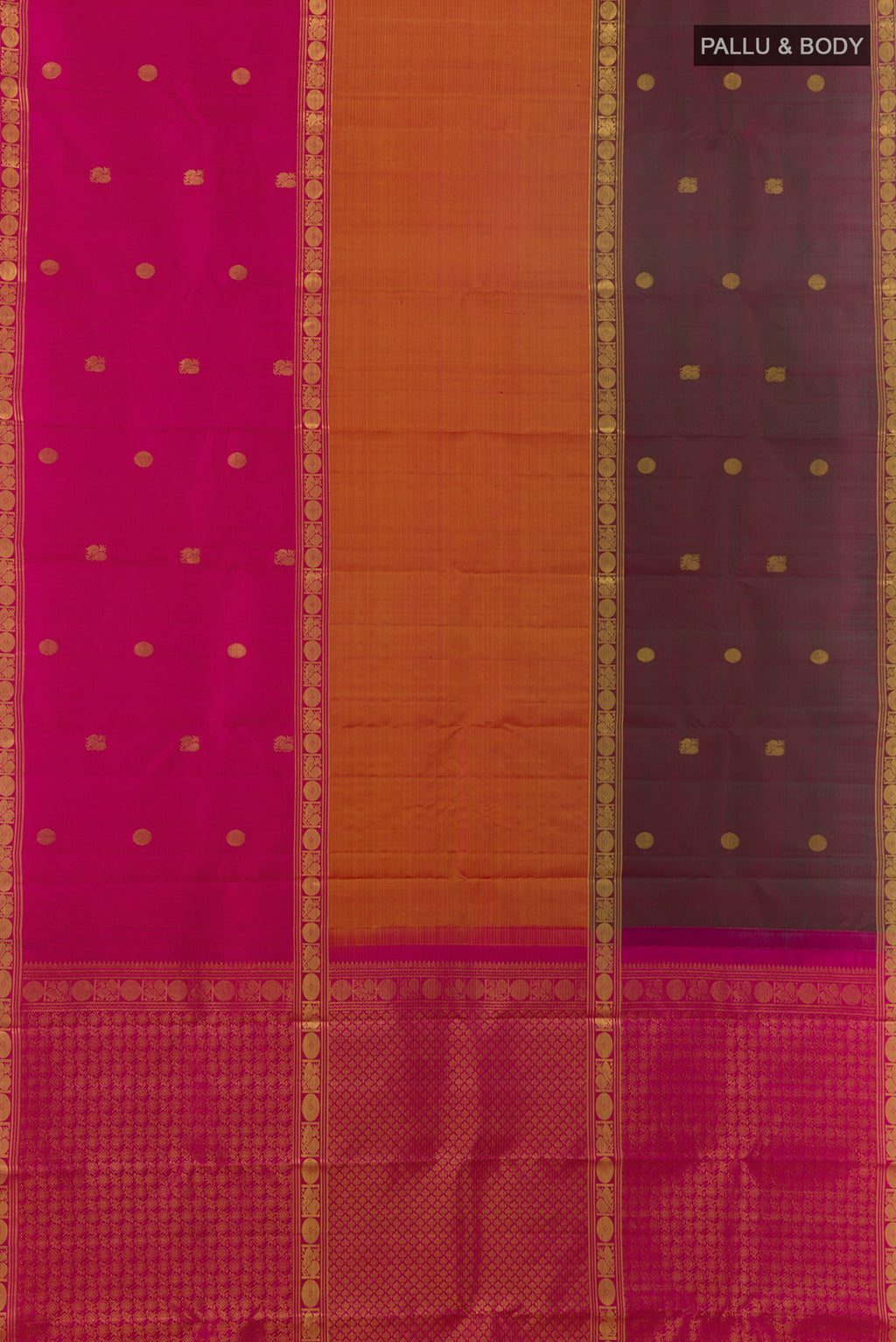 Flat view of Pure Silk Multi Color Kanjivaram Saree with Zari Butta on the body and Zari Border. 