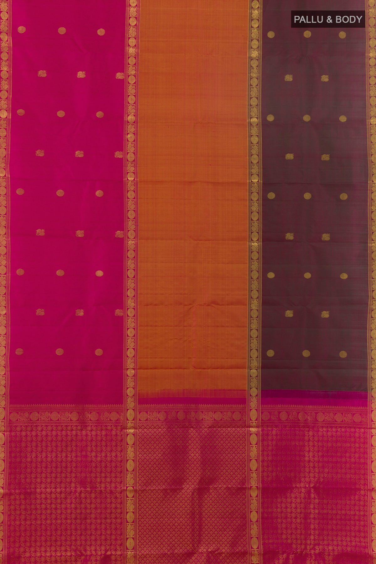 Flat view of Pure Silk Multi Color Kanjivaram Saree with Zari Butta on the body and Zari Border. 