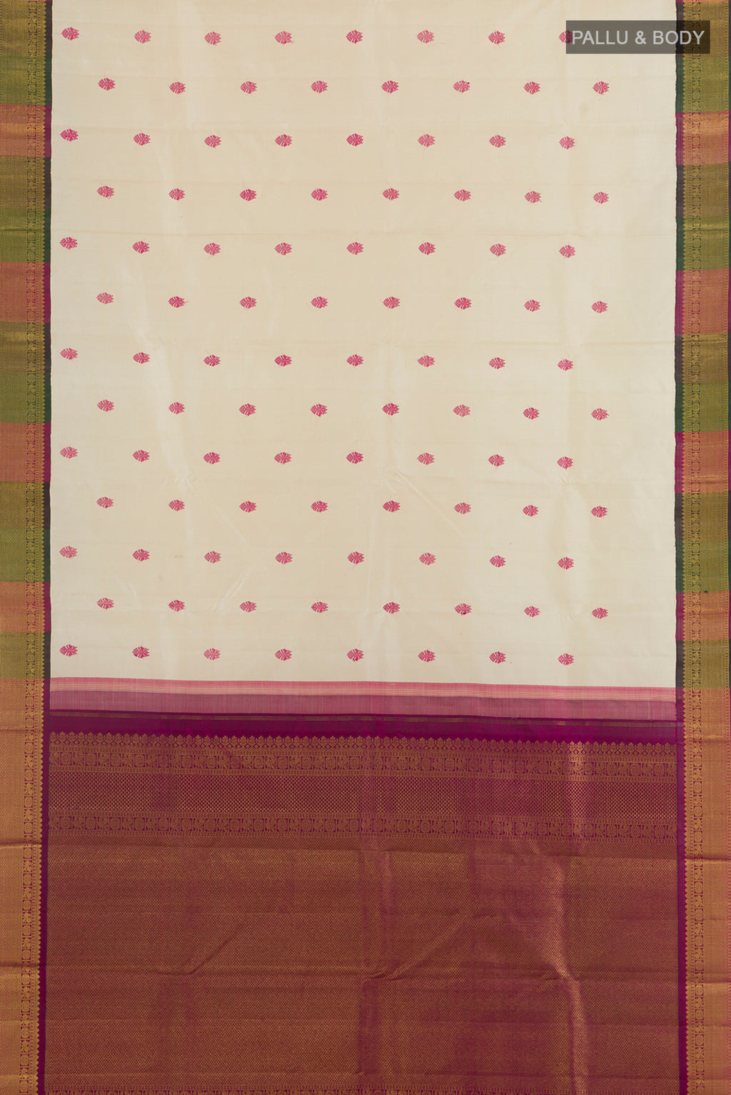 Flat view of Pure Silk Off White Kanjivaram Saree with Thread Butta on the body and Zari Border. 