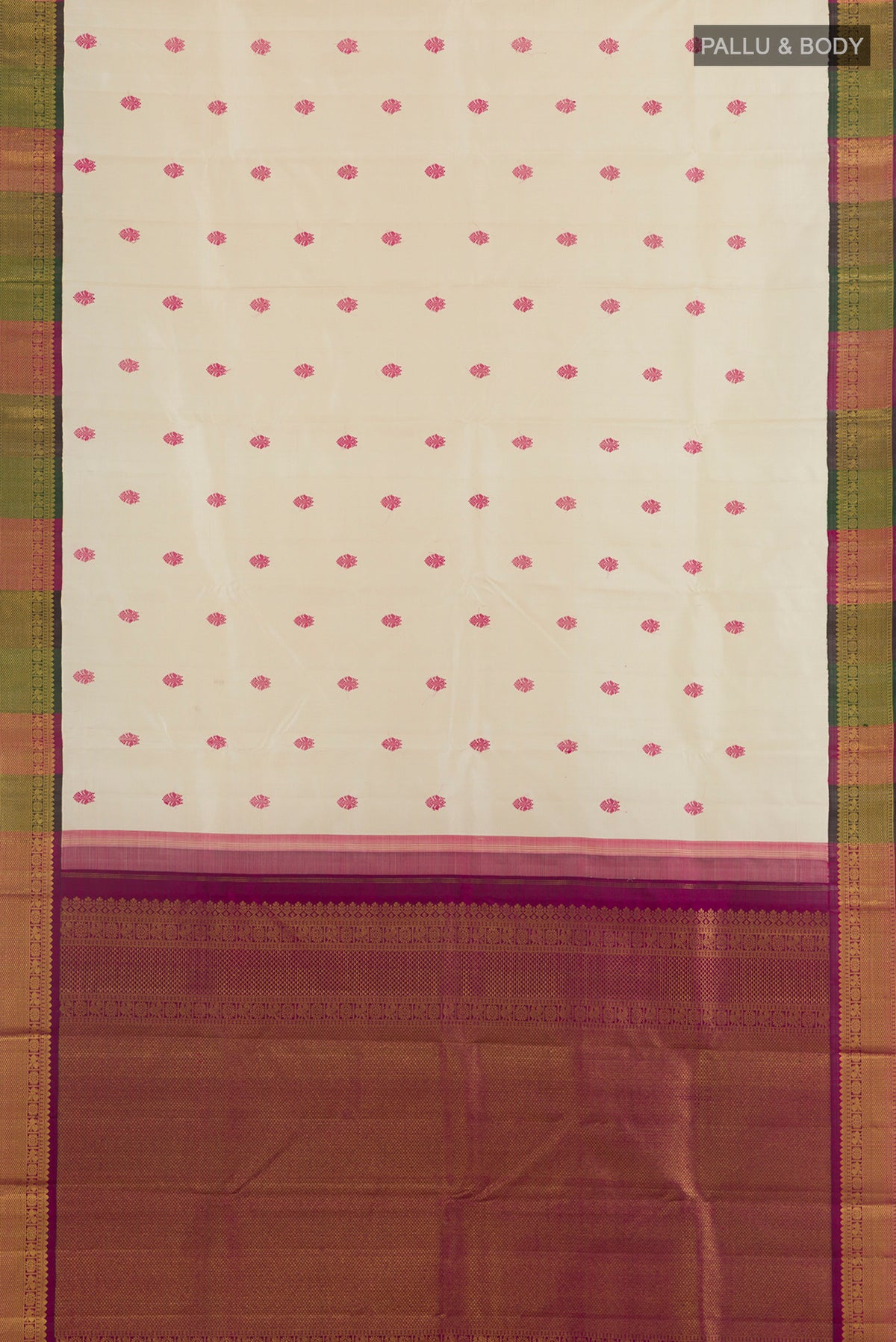 Flat view of Pure Silk Off White Kanjivaram Saree with Thread Butta on the body and Zari Border. 