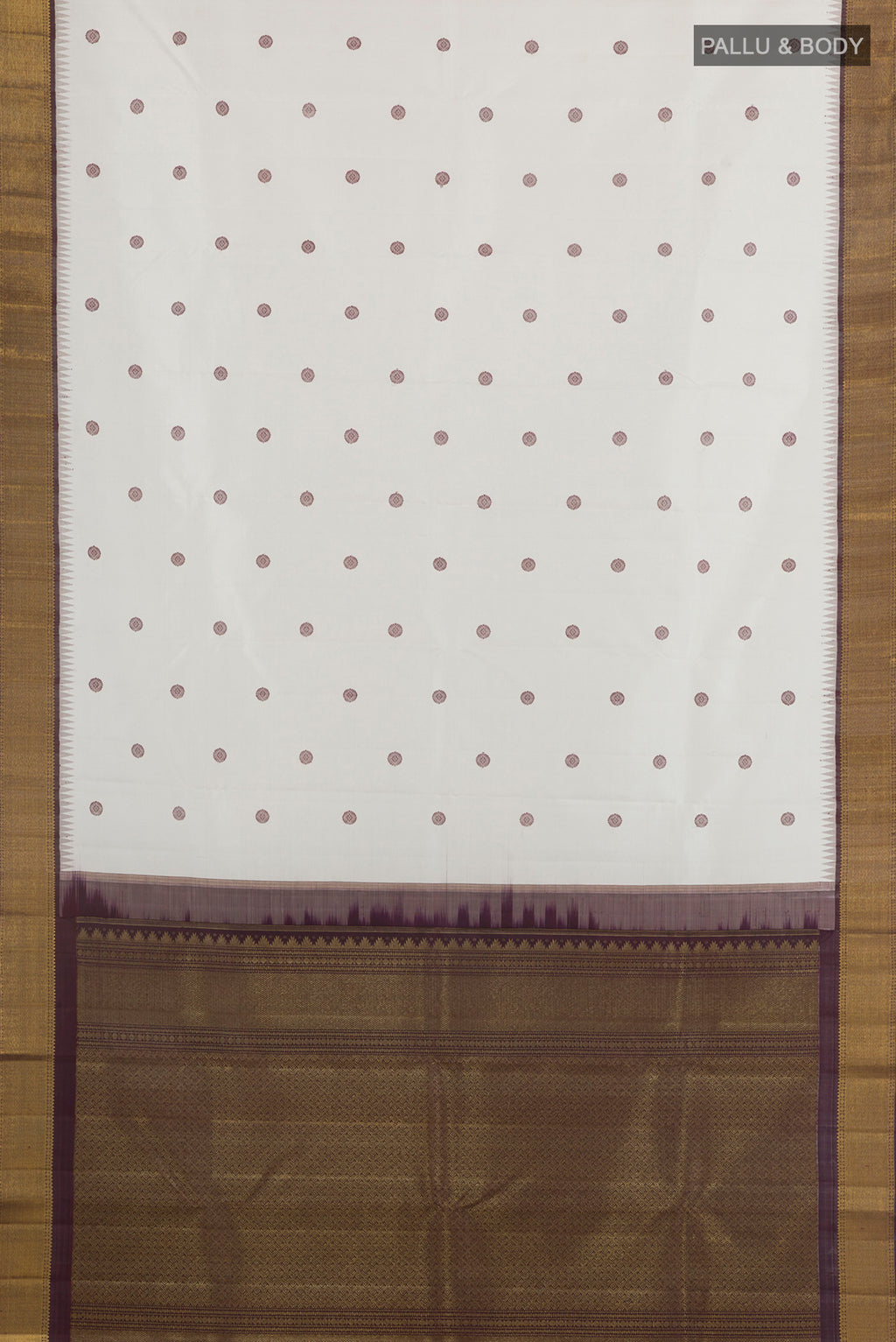 Flat view of Pure Silk White Kanchipuram Saree with Thread Butta on the body and Zari Border. 