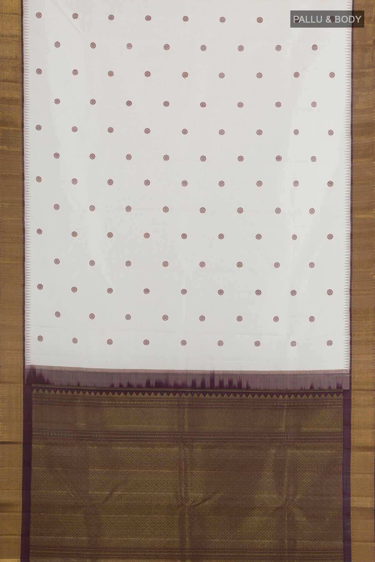 Flat view of Pure Silk White Kanchipuram Saree with Thread Butta on the body and Zari Border. 