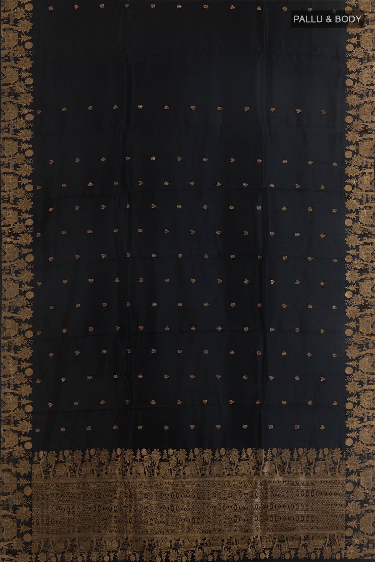 Flat view of Pure Silk Black Banarasi Katan Saree with Zari Butta on the body and Zari Border. 