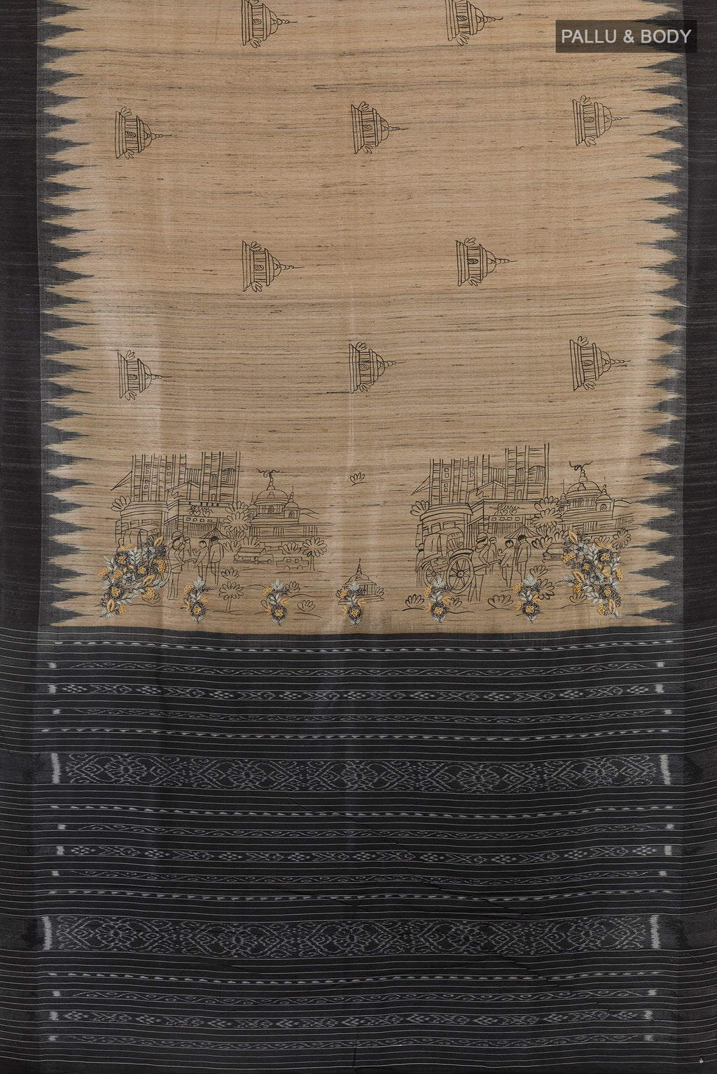 Flat view of Beige Tussar Saree with Embroidery on the body and Plain Border. 
