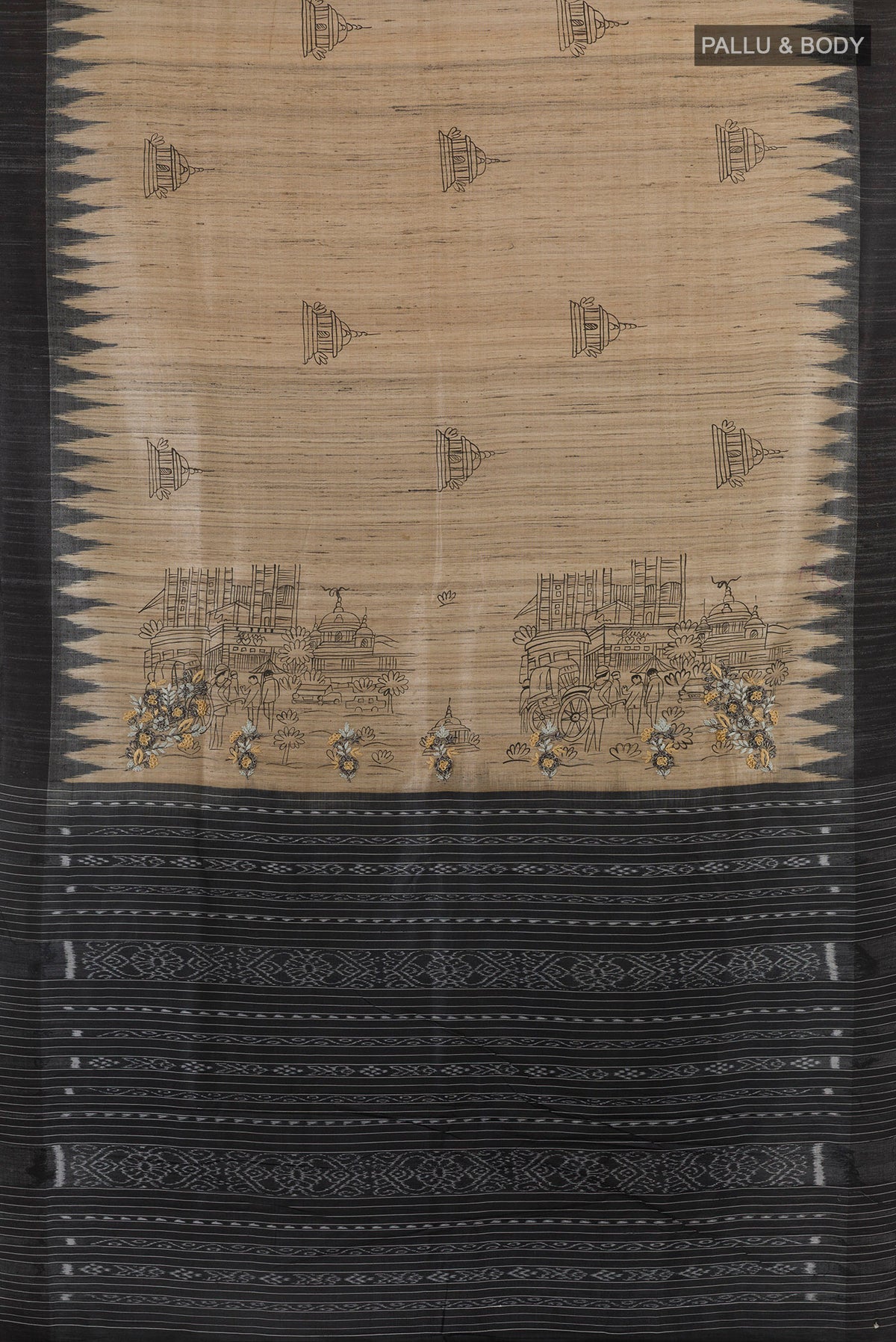Flat view of Beige Tussar Saree with Embroidery on the body and Plain Border. 
