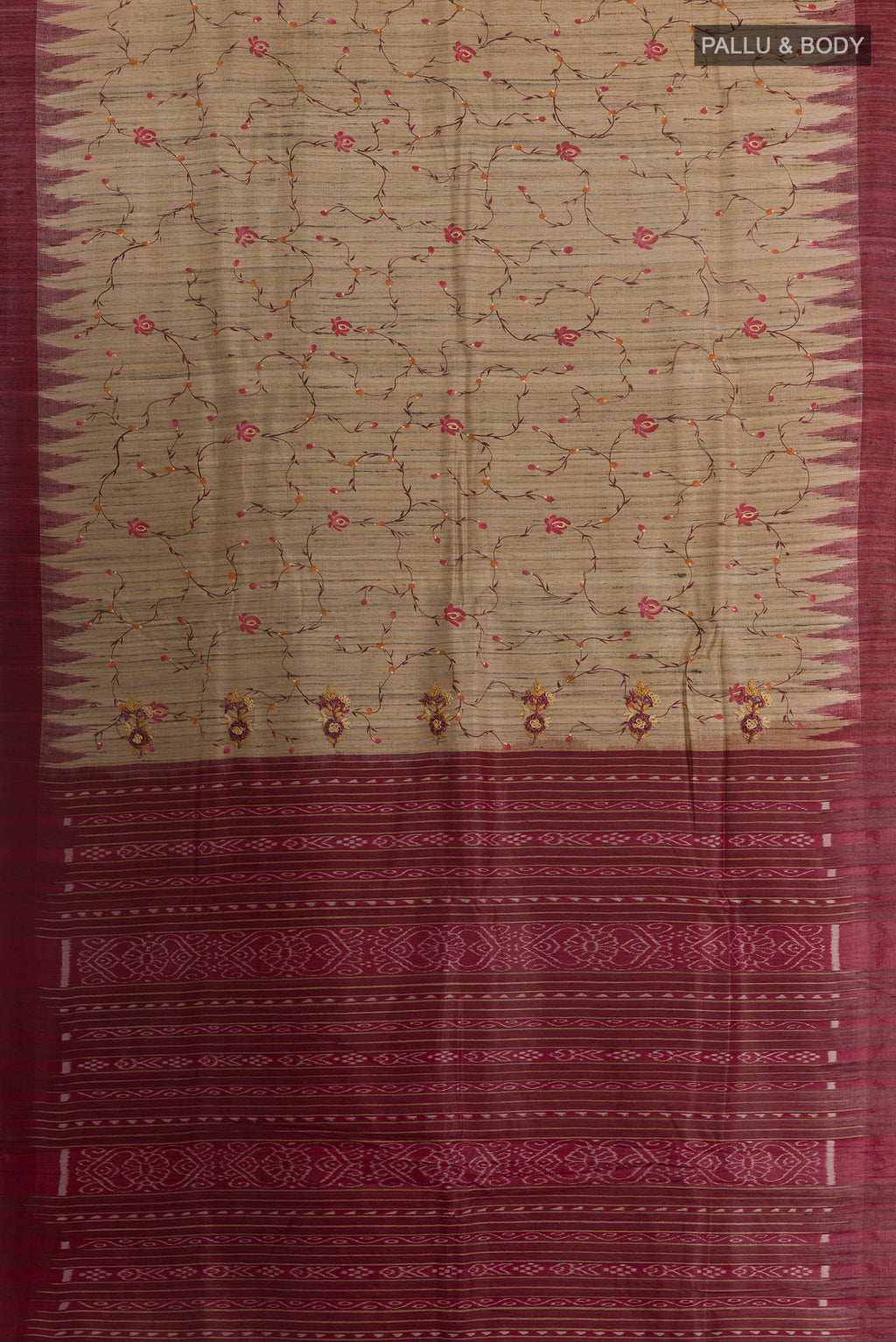 Flat view of Beige Tussar Saree with Embroidery on the body and Plain Border. 