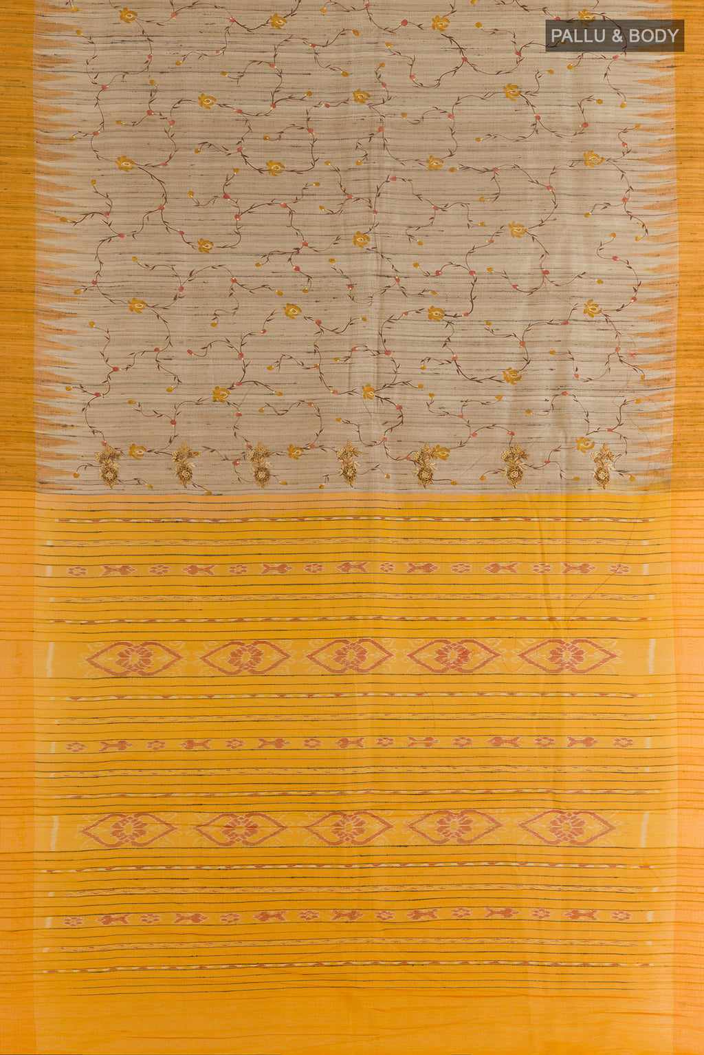 Flat view of Beige Tussar Saree with Embroidery on the body and Temple Border. 
