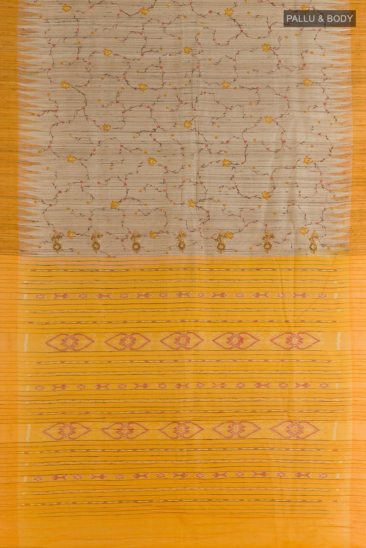 Flat view of Beige Tussar Saree with Embroidery on the body and Temple Border. 