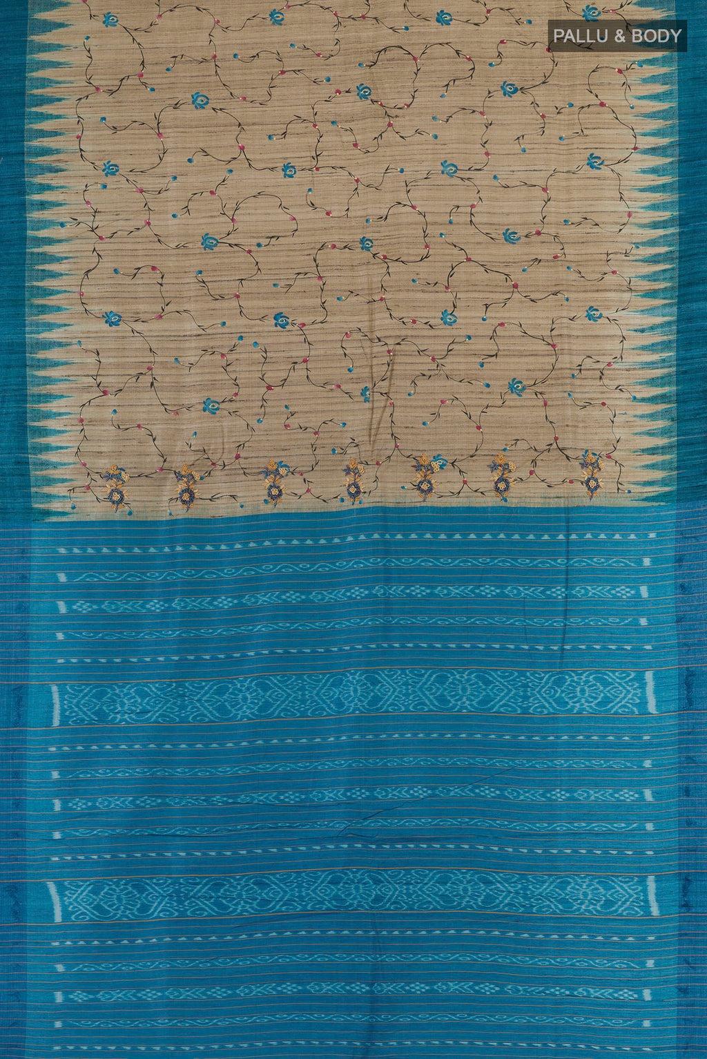 Flat view of Beige Tussar Saree with Embroidery on the body and Temple Border. 