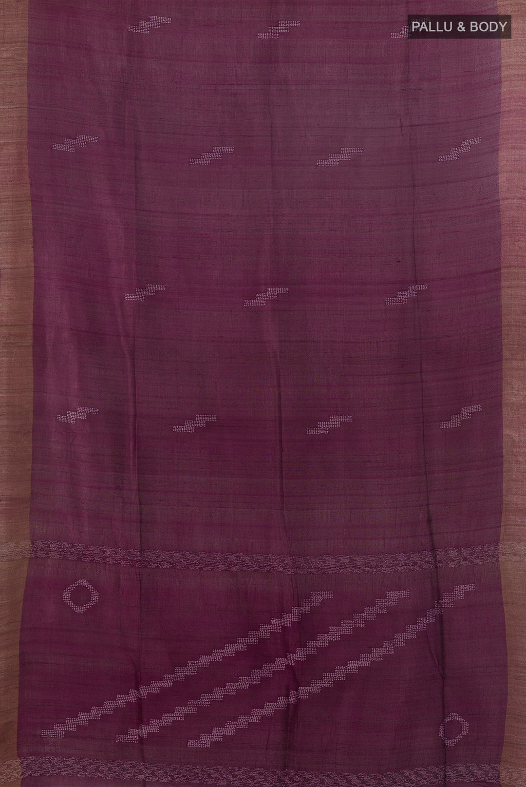 Flat view of Burgundy Tussar Saree with Embroidered on the body and Zari Border. 
