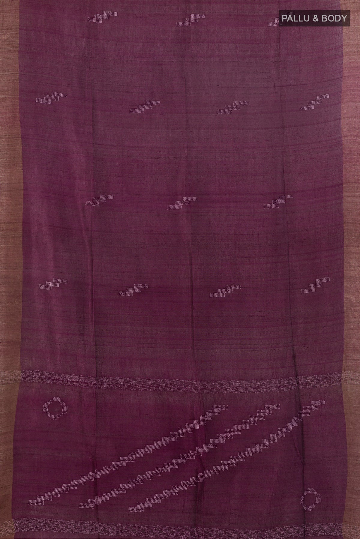 Flat view of Burgundy Tussar Saree with Embroidered on the body and Zari Border. 