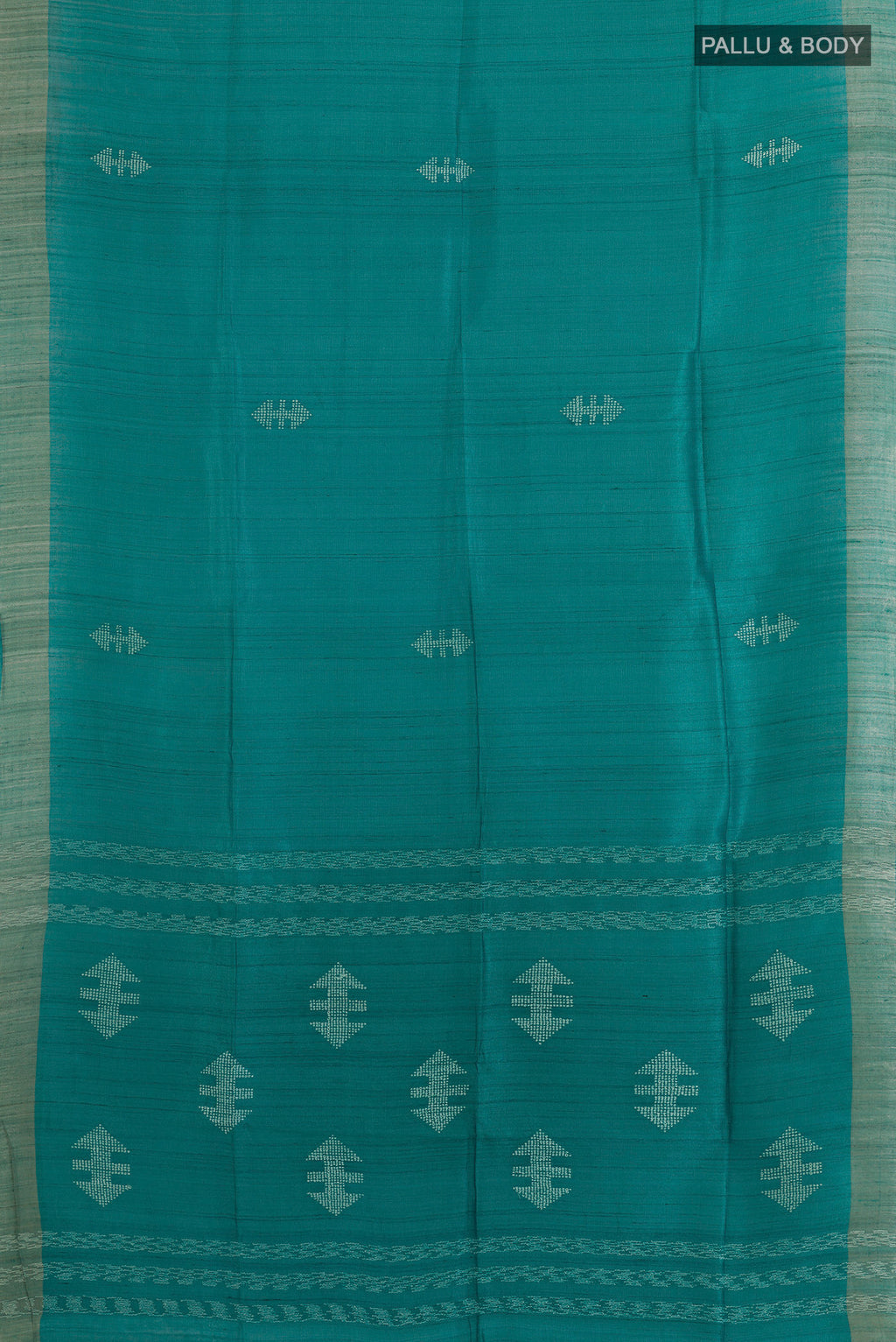 Flat view of Sea Green Tussar Saree with Thread Butta on the body and Zari Border. 