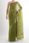 Mehandi Green Tussar Saree with Thread Butta on the body and Zari Border.  displayed on a mannequin