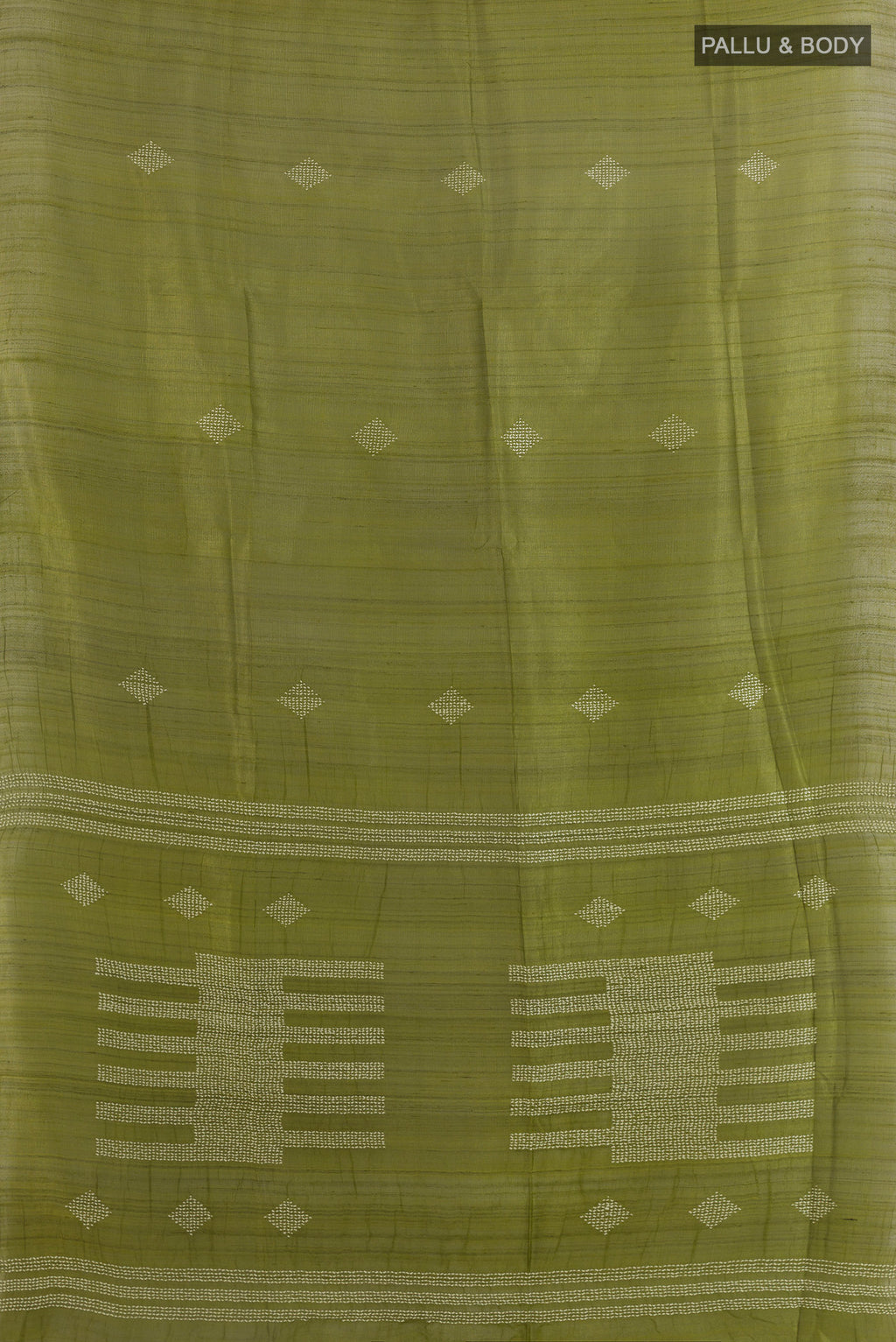 Flat view of Mehandi Green Tussar Saree with Thread Butta on the body and Zari Border. 