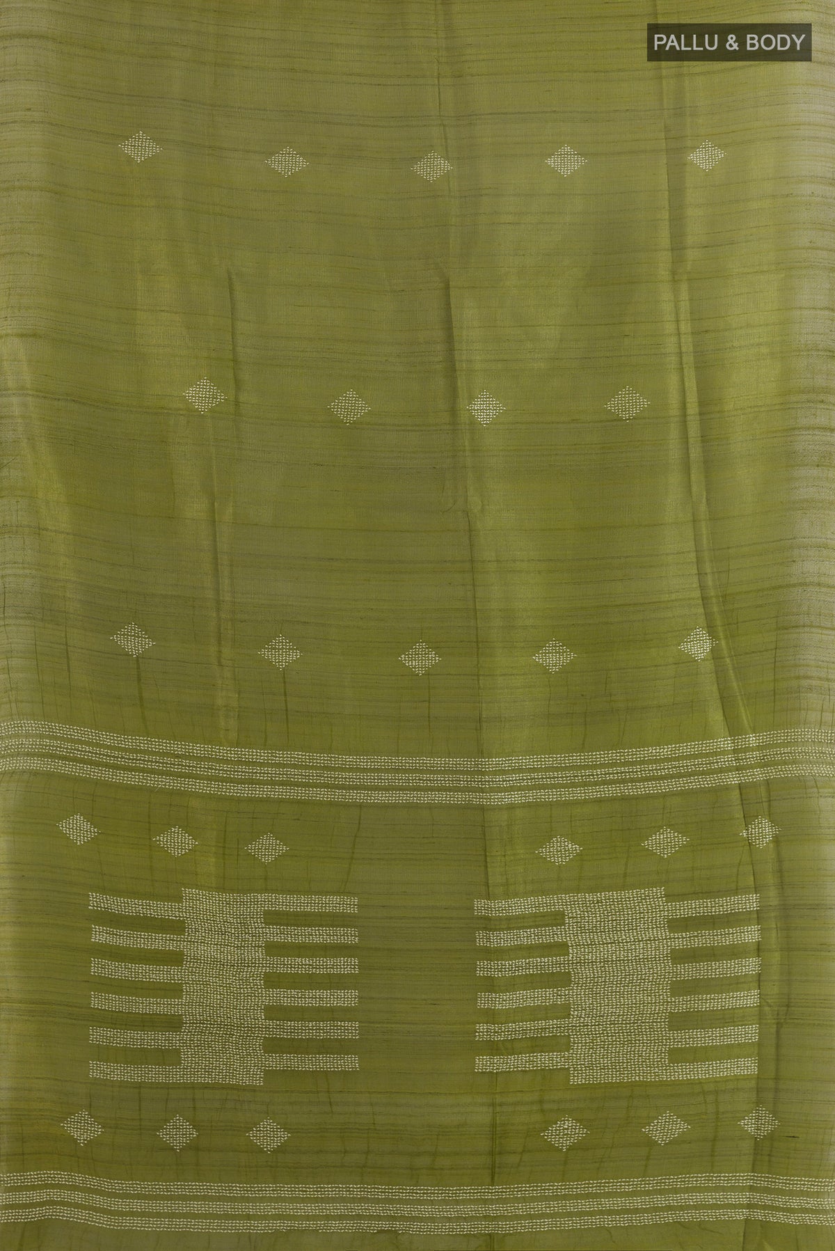 Flat view of Mehandi Green Tussar Saree with Thread Butta on the body and Zari Border. 