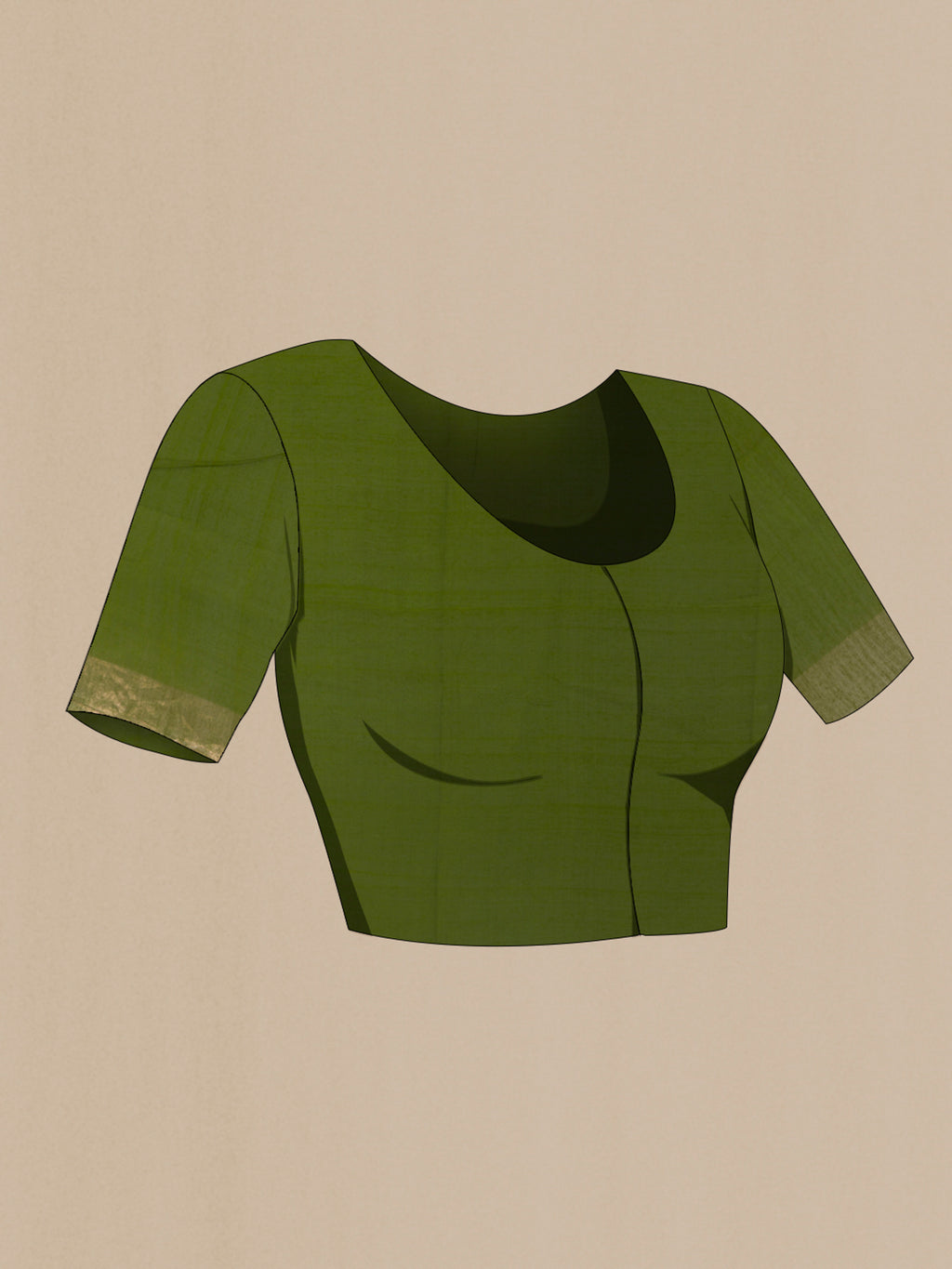 Close up image of the blouse of Green Tussar Saree with Embroidered on the body and Zari Border. 