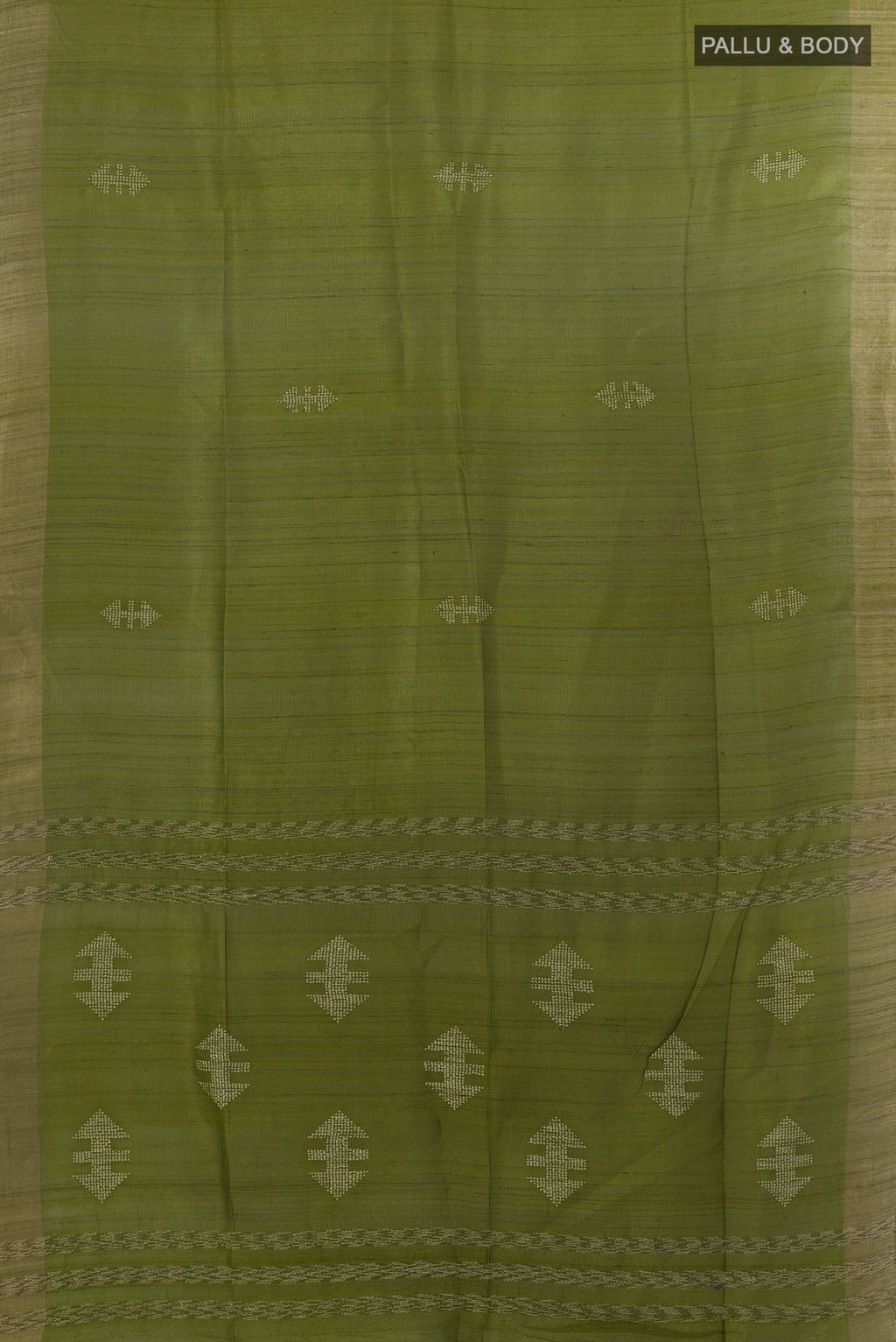 Flat view of Green Tussar Saree with Embroidered on the body and Zari Border. 