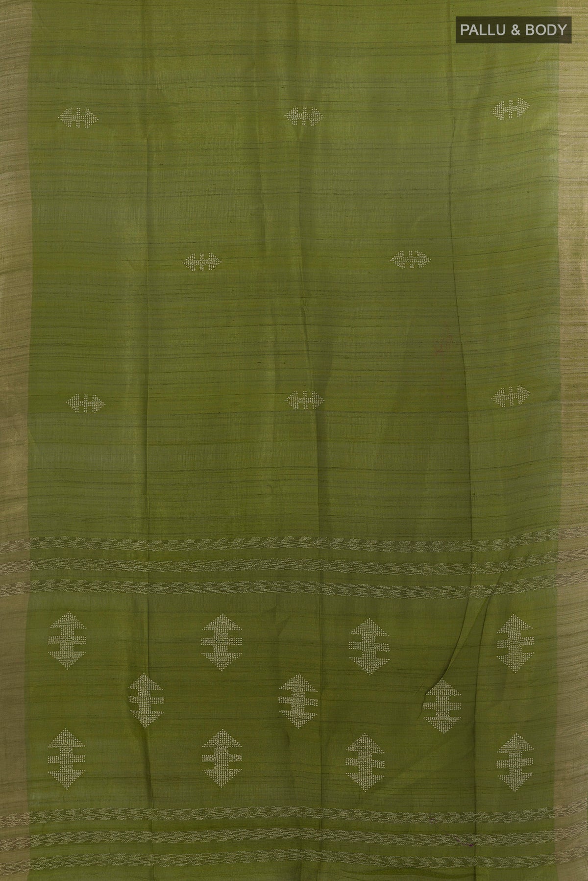 Flat view of Green Tussar Saree with Embroidered on the body and Zari Border. 