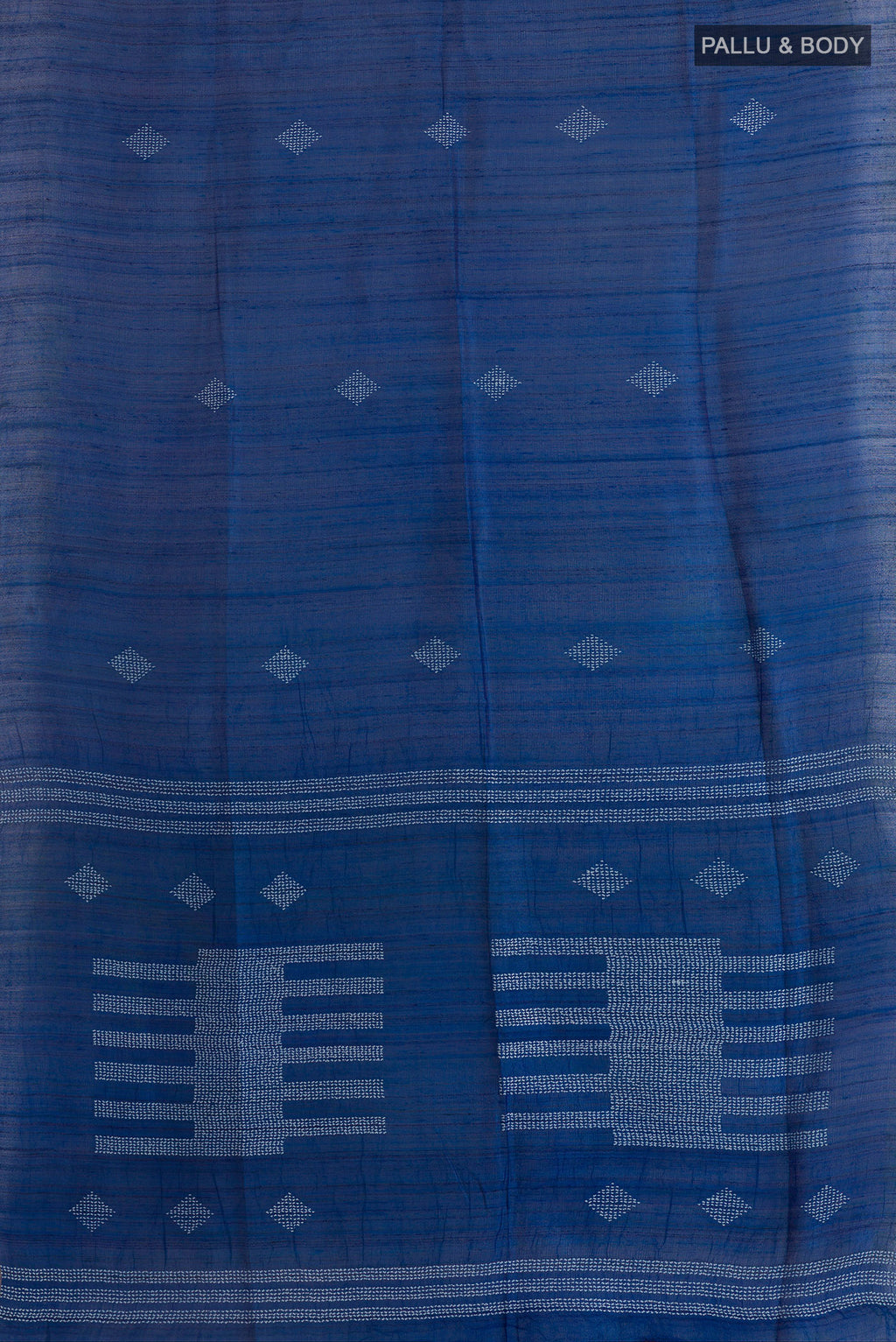 Flat view of Royal Blue Tussar Saree with Thread Butta on the body and Zari Border. 