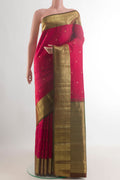 Pure Silk Red Kanchipuram Saree with Zari Butta on the body and Zari Border.  displayed on a mannequin