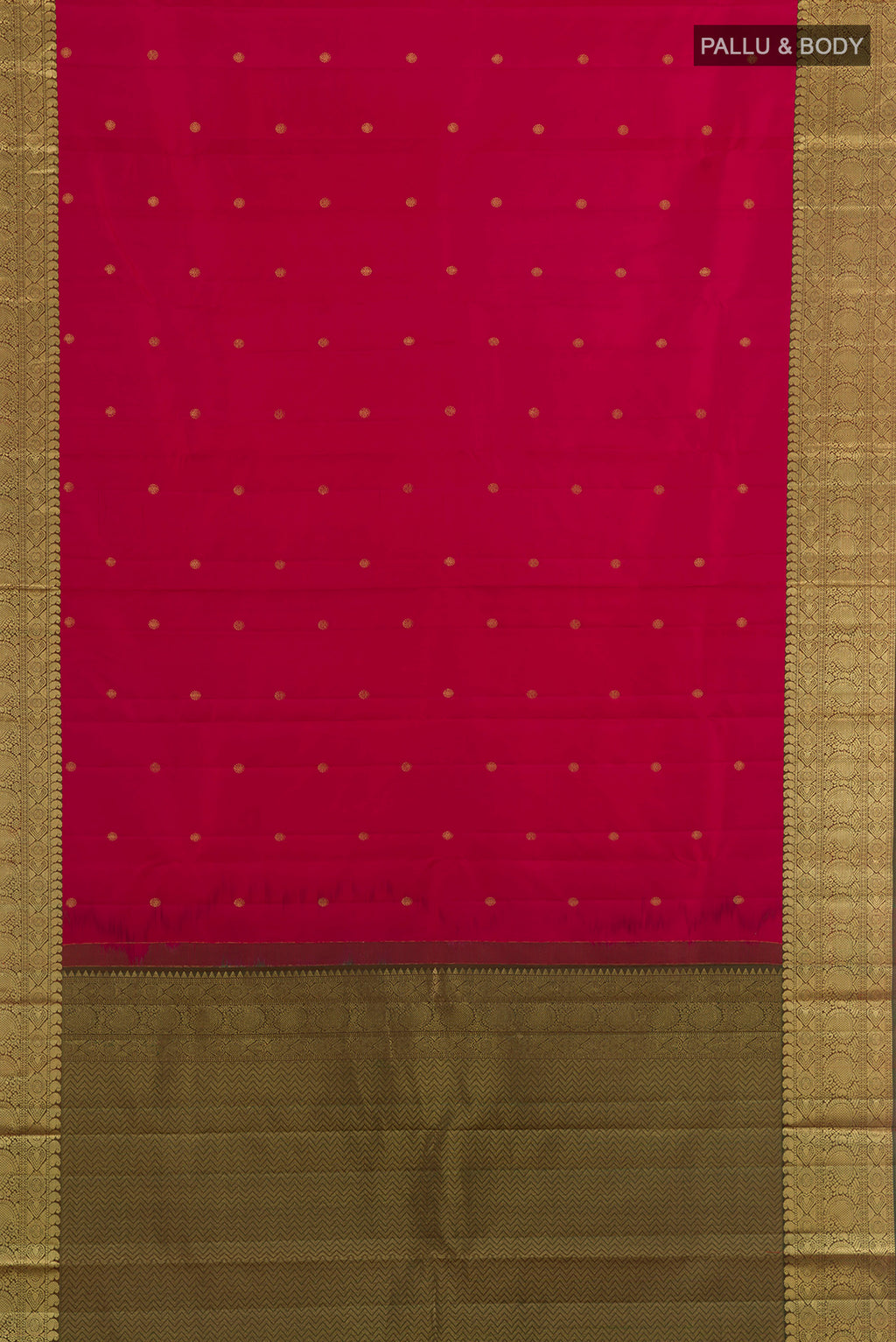 Flat view of Pure Silk Red Kanchipuram Saree with Zari Butta on the body and Zari Border. 