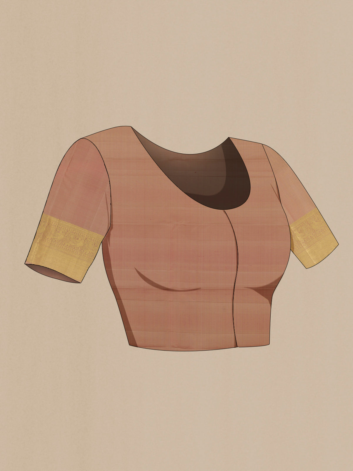 Close up image of the blouse of Pure Silk Beige Kanchipuram Saree with Zari Butta on the body and Zari Border. 