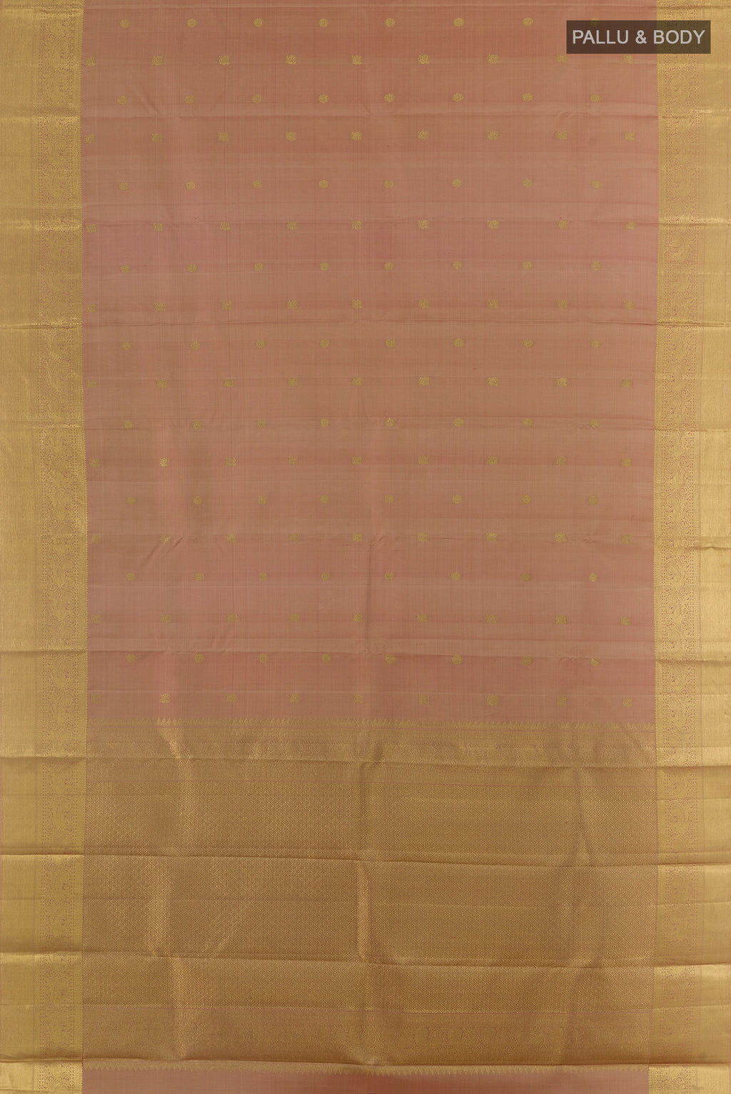 Flat view of Pure Silk Beige Kanchipuram Saree with Zari Butta on the body and Zari Border. 