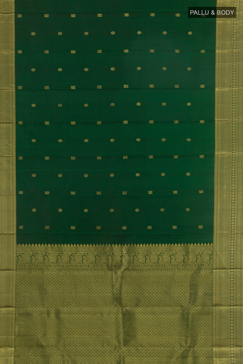 Flat view of Pure Silk Green Kanchipuram Saree with Zari Butta on the body and Zari Border. 