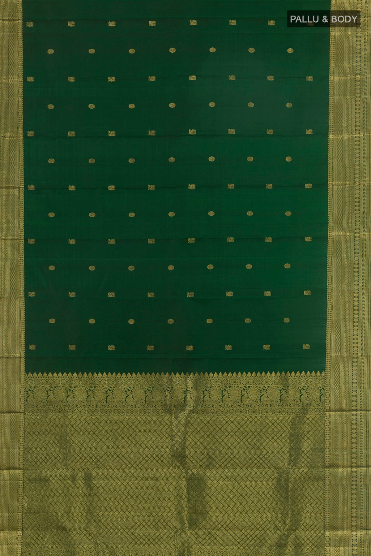 Flat view of Pure Silk Green Kanchipuram Saree with Zari Butta on the body and Zari Border. 
