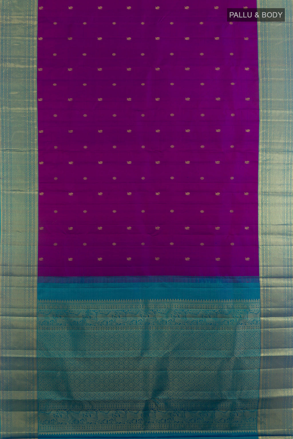 Flat view of Pure Silk Purple Kanchipuram Saree with Zari Butta on the body and Zari Border. 