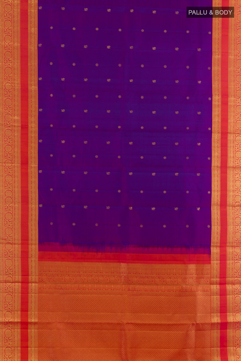 Flat view of Pure Silk Purple Kanchipuram Saree with Zari Butta on the body and Zari Border. 