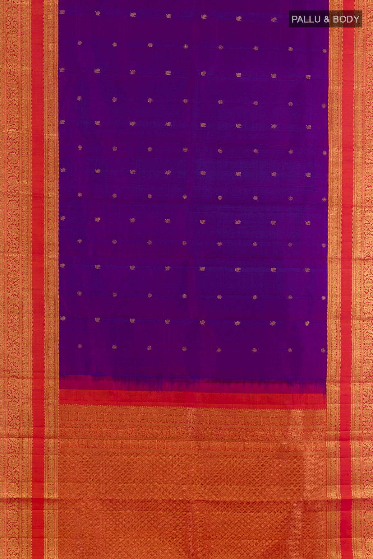 Flat view of Pure Silk Purple Kanchipuram Saree with Zari Butta on the body and Zari Border. 
