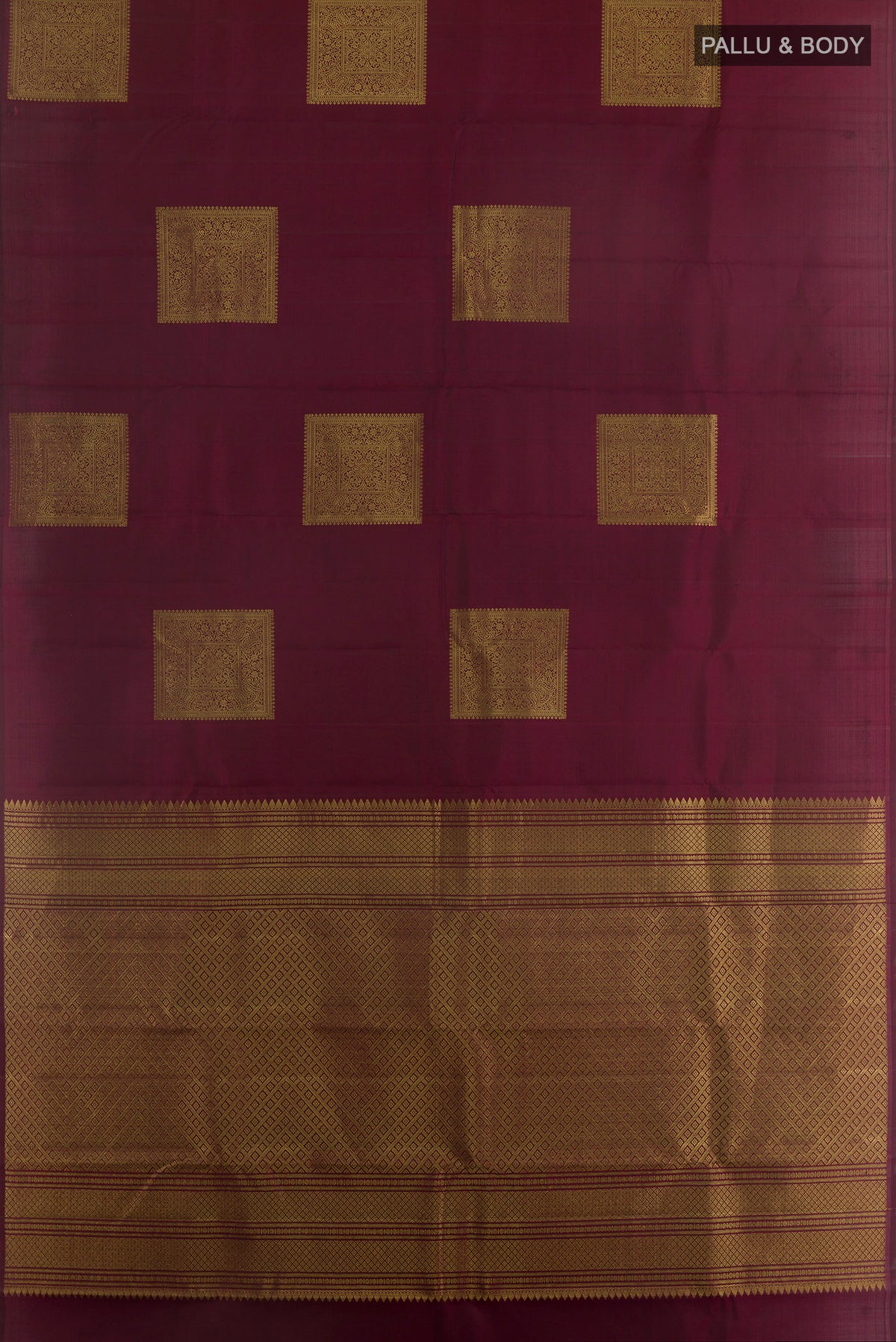 Flat view of Pure Silk Maroon Kanchipuram Saree with Zari Butta on the body and Without Border. 